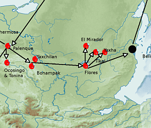 Map of Flores,Tikal, Yaxha, El Mirador, Guatemala