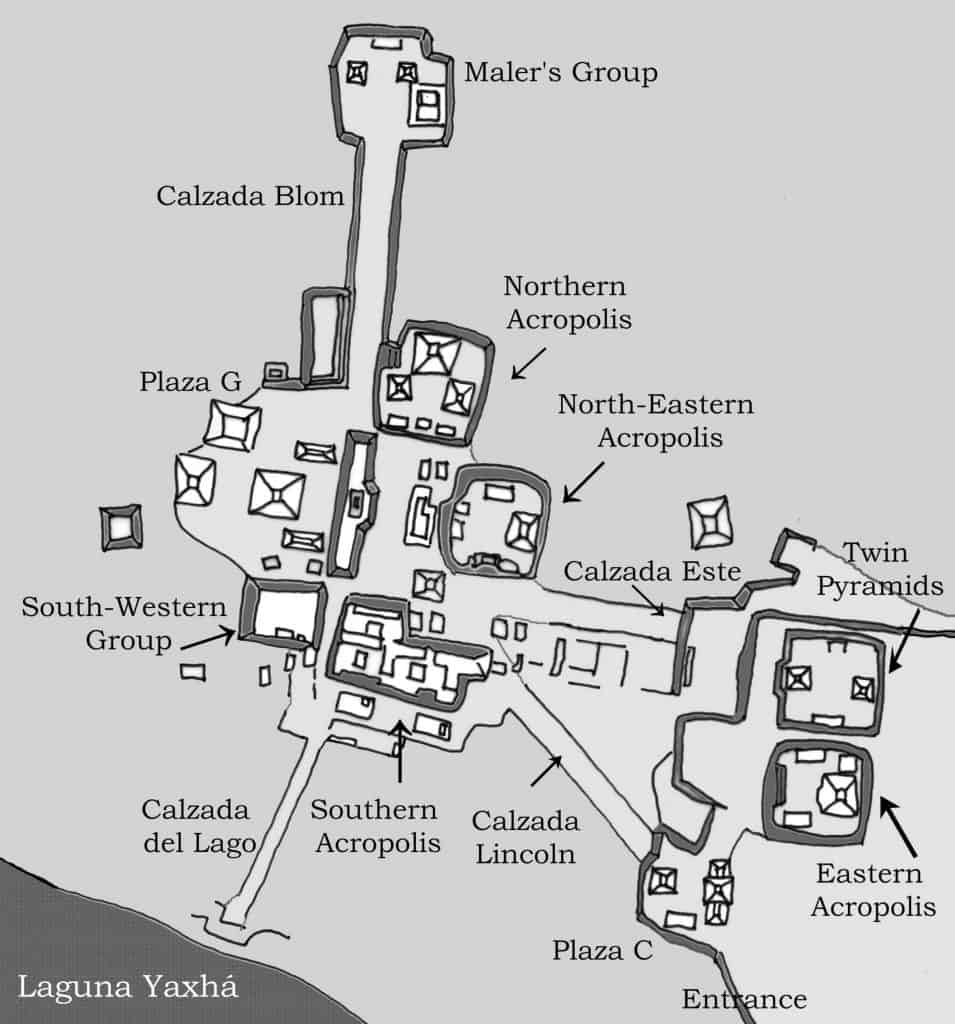 Map of the ancient Maya site Yaxhá in Guatemala