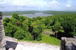 Yaxhá: Looking down the pyramid, in lake in the background