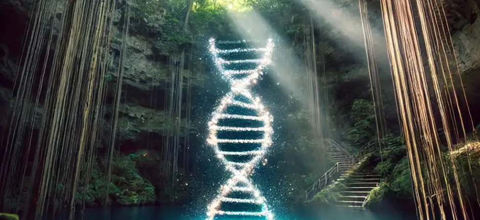 DNA-Spirale in einer Cenote - KI generiert