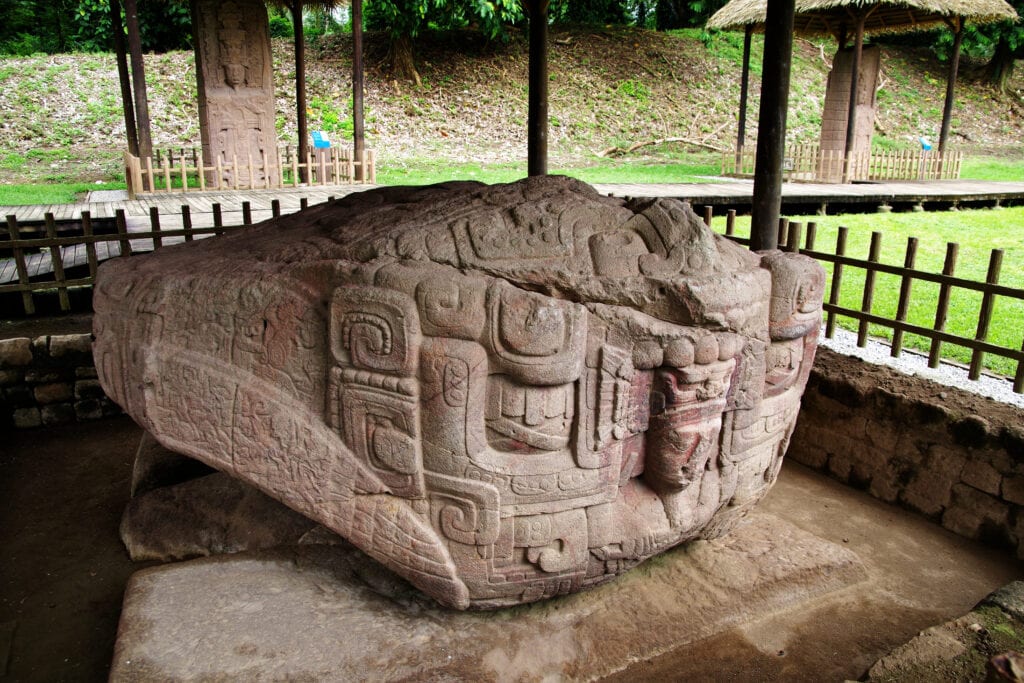 Zoomorph B. Dedicated by Cauac Sky on 9.17.10.0.0, 12 Ahau 8 Pax (30th November 780AD), Zoomorph B appears to be part of a trinity of stones that relate to the Creation Myth