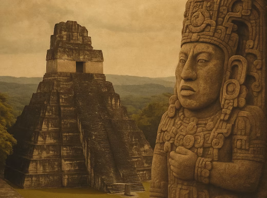 Maya_Colapse_Hero_IMage. A Maya pyramid and a sculpture.